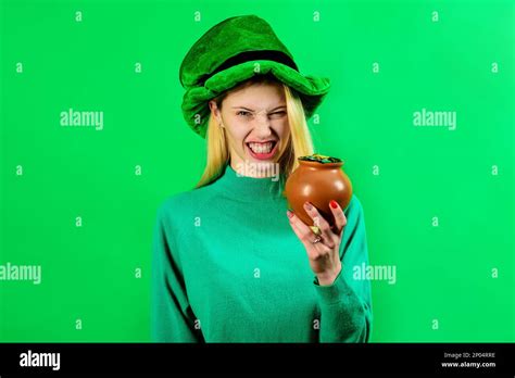 Saint Patrick S Day Irish Traditions Angry Blonde Girl In Green Leprechaun Hat With Pot Of