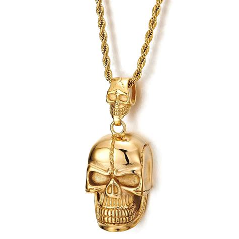Gothic Punk Mens Large Steel Gold Color Double Skulls Pendant Necklace With Inches Rope Chain