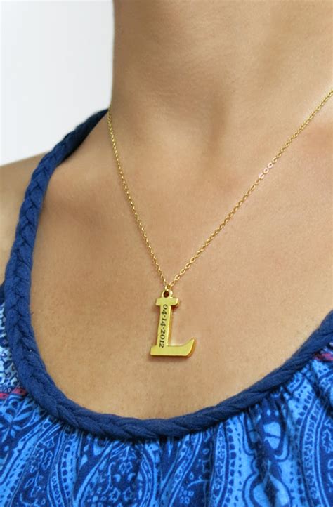 Gold Initial Necklace Engraved Initial Necklace Personalized Etsy