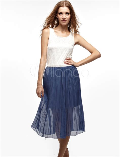 Unique Blue White Sleeveless Lace Polyester Womens Summer Dress