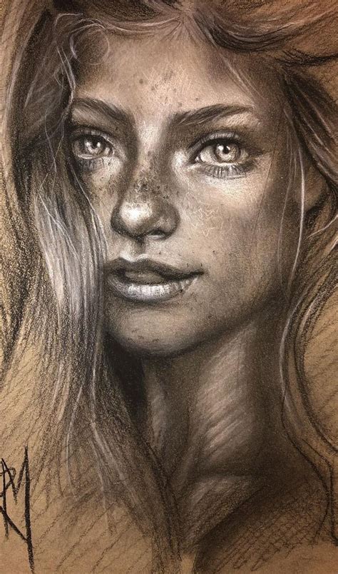 A Pencil Drawing Of A Woman S Face With Long Hair And Blue Eyes Looking Straight Ahead
