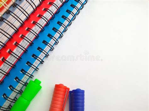 Spiral Notebook With Markers Pens Stack Of Colorful Notebooks Isolated