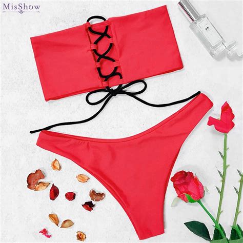 MisShow Solid Bandeau Bandages Bikini Set Women Low Waist Swimwear Bathing Suit Brazilian