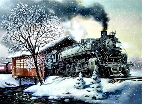 008 Donald Rust Steam Train In Snow Train Christmas Train Train Art