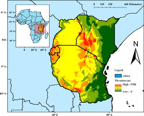 Topographic Elevation Map M Of East Africa The Insert Shows The Map