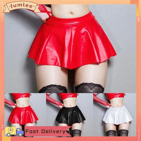 【ready Stock】sexy High Waist Black Pu Leather Skirt Womens Bodycon Pleated Short Skirt For