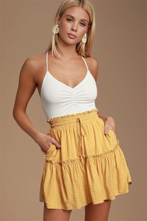 call you mine mustard yellow polka dot ruffled mini skirt cute skirt outfits mini skirts