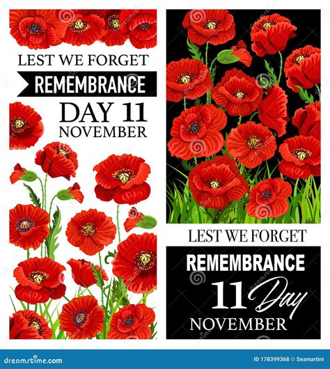 Remembrance Day Red Poppy Flowers Lest We Forget Stock Vector