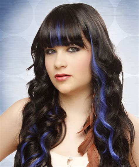 Hayes which is stored in our. Long Wavy Black Hairstyle with Blunt Cut Bangs and Blue ...