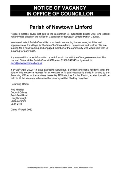 Notice Of Councillor Vacancy Newtown Linford Parish Council Newtown