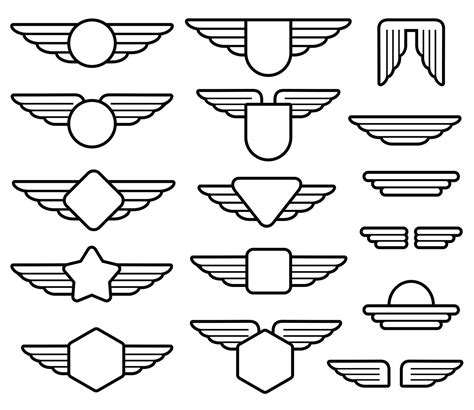 Wing Army Emblems Aviation Badges Pilot Labels Line Vector Set By
