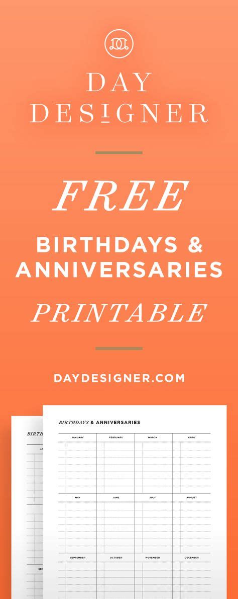 Birthday And Anniversary Calendar Meal Planner Printable Daily