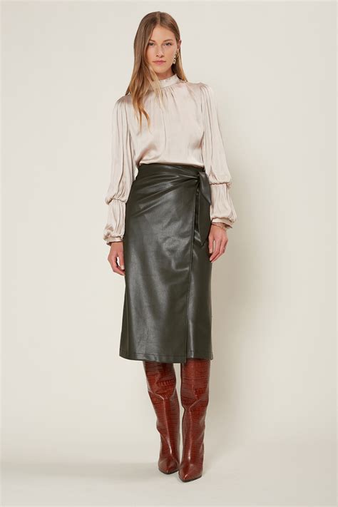 Faux Leather Wrap Midi Skirt Dark Green M Faux Leather Midi Skirt Midi Skirt Leather