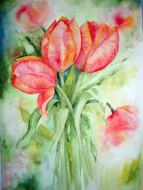 Watercolour Florals Red Tulips