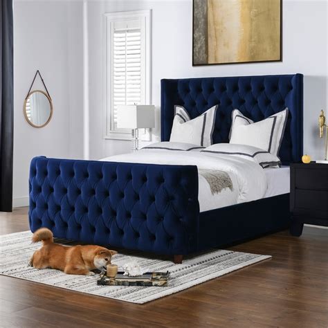 Maklaine Modern Tufted Hardwood Bed Queen In Navy Blue Velvet Homesquare