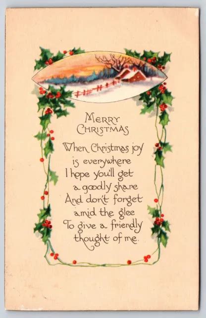 Greetings~home In Circle Holly And Christmas Poem~gibson Vintage Postcard