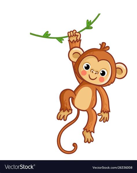 Monkey Hanging On Liana Vector Illustration In Cartoon Style Cute