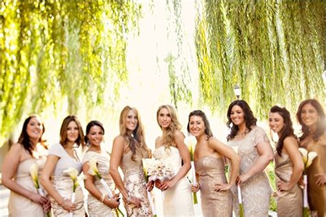 Bridal Party Wears Mix And Match Gold Champagne And Taupe Bridesmaids
