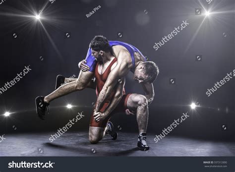 Two Freestyle Wrestlers Red Blue Uniform Stock Photo 337313300