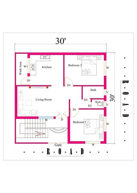 30×30 House Plan 2bhk In 900 Square Feet Area In 2022 2bhk House