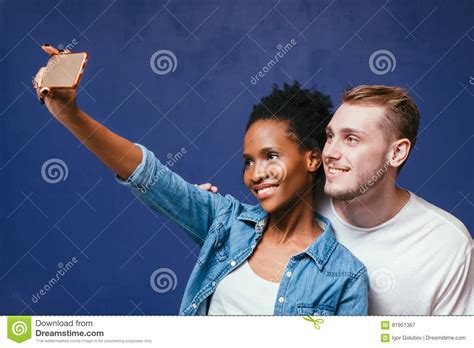 Happy Interracial Couple Make Selfie With Mobile Stock Image Image Of