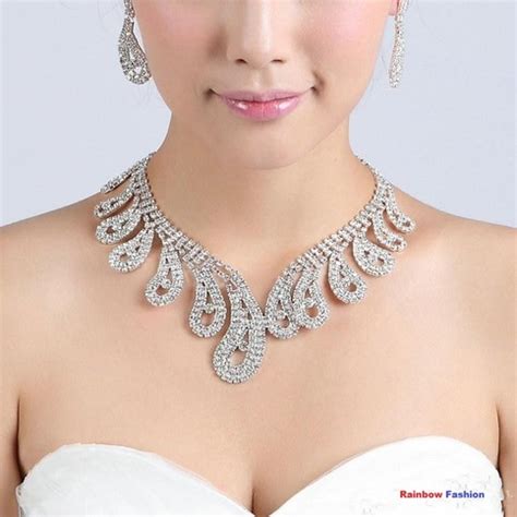 Silver Plated Wedding Bridal Rhinestone Necklace And Earring Ear Stud