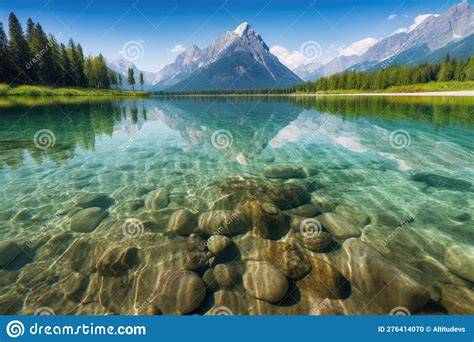 Crystal Clear Lake With Reflection Of Towering Mountain Range Stock