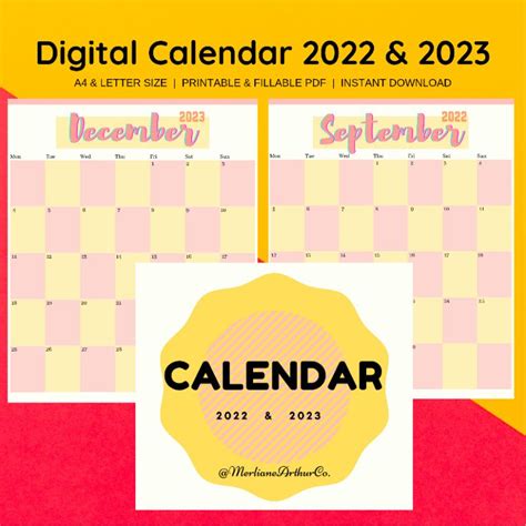 Digital Calendar 2022 And 2023 Printable Filable Pdf Monthly Planner