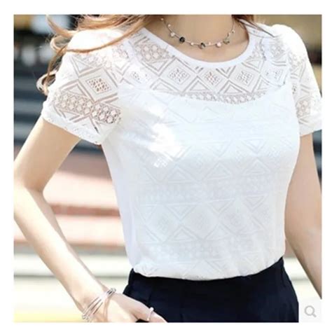 Summer Women White Lace Blouse Short Sleeve Plus Size Korean Crochet Round Neck Hollow Out Tops
