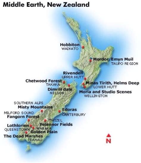 Map Of New Zealand With Location Where Lord Of The Rings Was Filmed