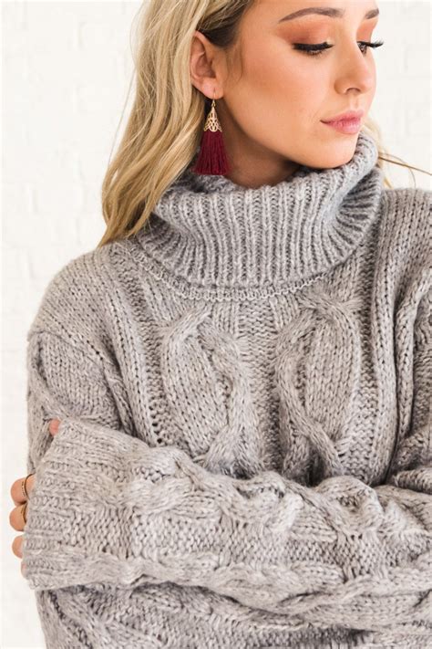 Winter Glow Gray Cable Knit Turtleneck Sweater Cable Knit Turtleneck
