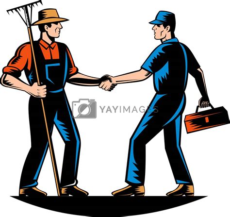 Farmer And Tradesman Mechanic Handshake By Patrimonio Vectors