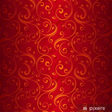 Wall Mural Seamless Gold Floral Pattern On Red Vector Illustration
