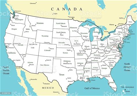 Usa Map With States And Major Cities And Capitals Stock Illustration