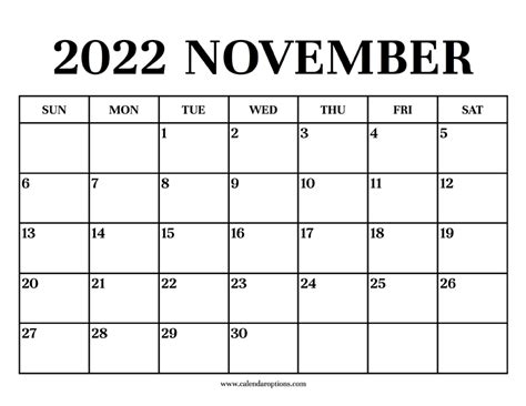 Calendar 2022 November Calendar Options