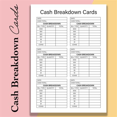Cash Breakdown Count Sheet Printable Cash Breakdown Cards Etsy