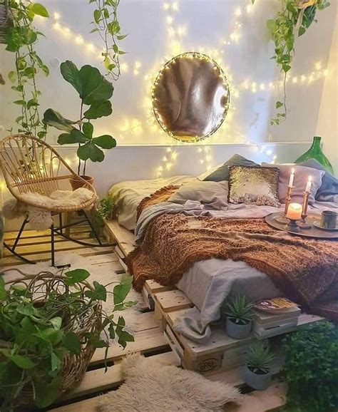 Furniture, linens, lighting and accent pieces. Biophilic bedroom | Aesthetic bedroom, Bohemian bedroom ...
