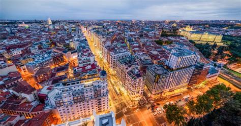 Panoramic Aerial View Of Downtown Madrid At Sunset