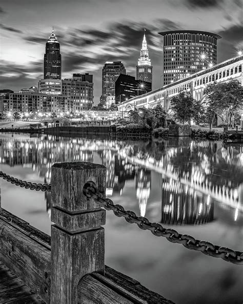 Downtown Cleveland Ohio Cityscape Reflections Black And White