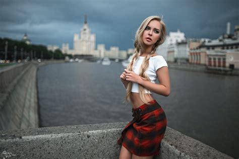 Hd Wallpaper Girl Victoria Pichkurova Blonde Town Moscow Russia T Shirt Short Skirt River Bokeh