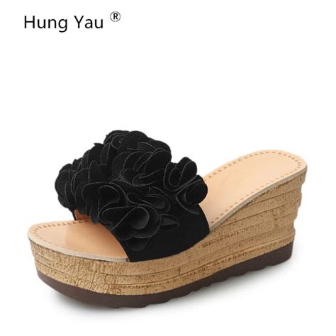 Hung Yau Flowers Wedges Sandals Summer Style Platform Flip Flops Cool Slip On Creepers Casual