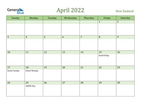 New Zealand April 2022 Calendar With Holidays