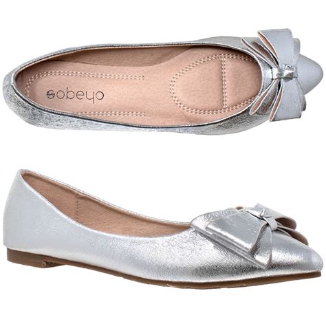 Womens Ballet Flats Metallic Bow Slip On Pointed Toe Shoes Silver Sz 10
