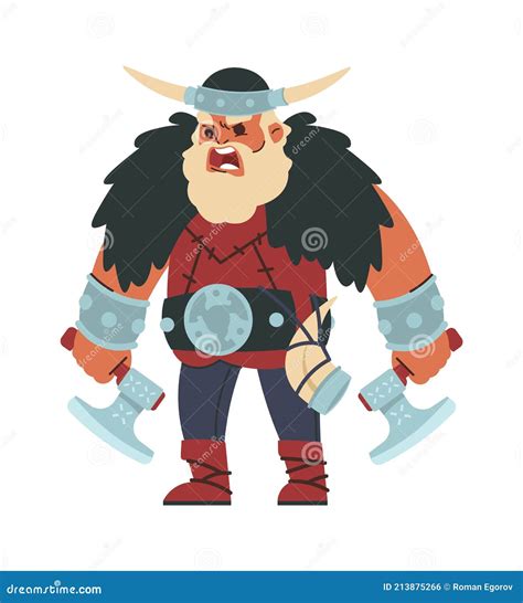Viking Cartoon Scandinavian Warrior Shouting Strong Man With Battle