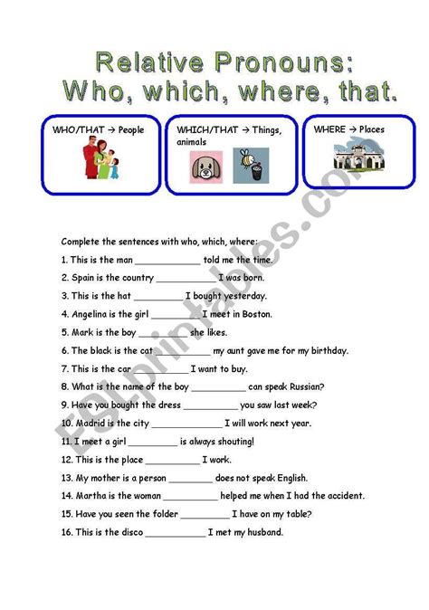 Relative Pronouns Who Which Where Esl Worksheet By Mariajo81