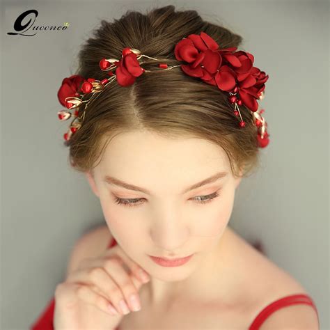Queenco Red Floral Headbands Bridal Wedding Hair Accessories Pearl Hairband Women Prom Headpiece