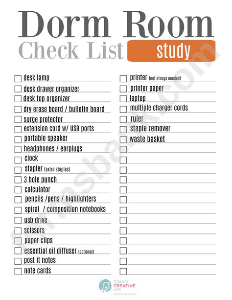 Dorm Room Study Checklist Template Printable Pdf Download