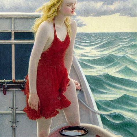 Painting Of Elle Fanning On A Boat During A Storm Long Blonde Hair