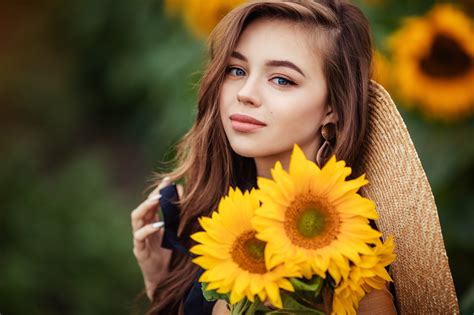 blue eyes brunette flower girl model sunflower woman yellow flower wallpaper resolution