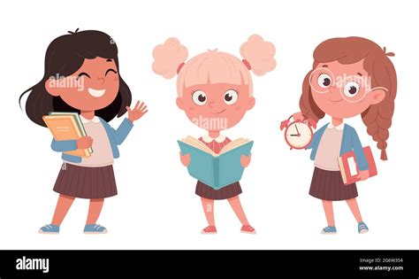 Cheerful Schoolgirls Set Of Three Poses Cute Girls Cartoon Characters Back To School Concept